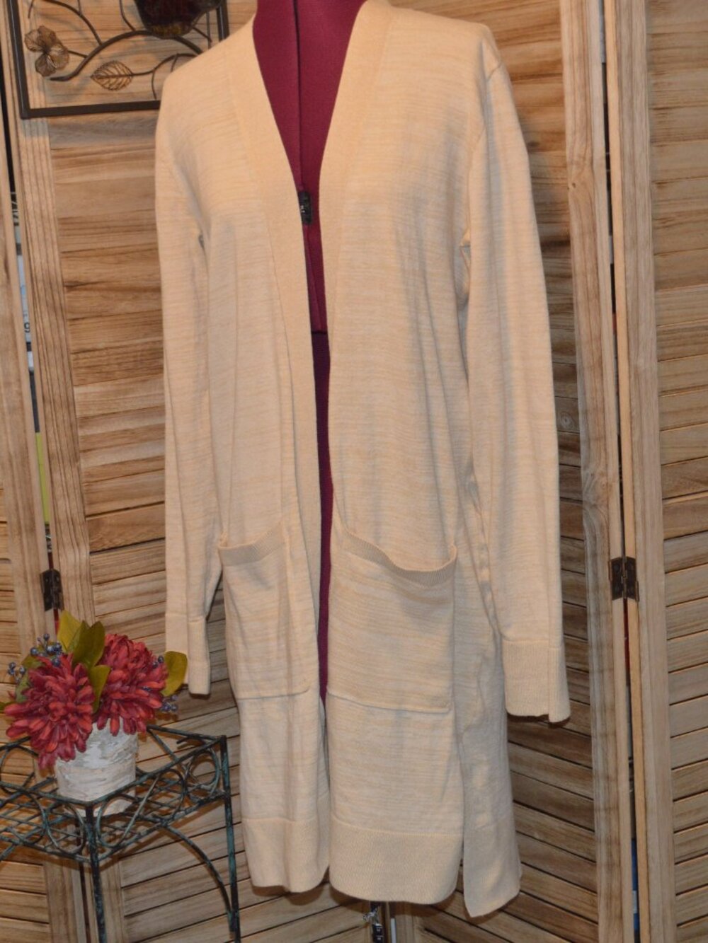 Duluth S Creamy Tan Open Front Cardi Tunic Length
